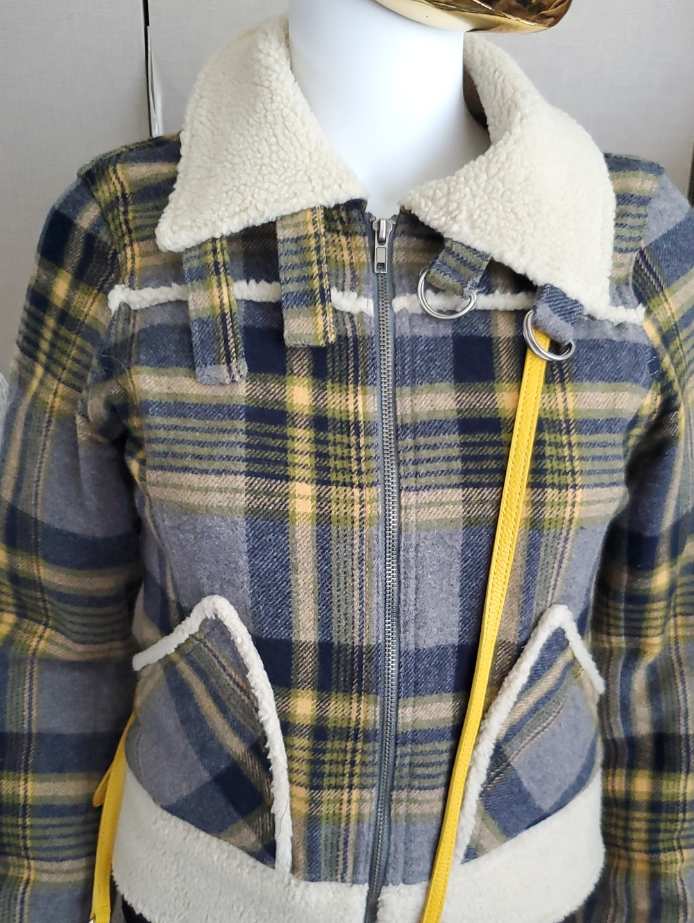 Vintage UO Womens Sherpa Trim Wool Blend ZIp Jacket - Navy, Olive & Yellow Plaid